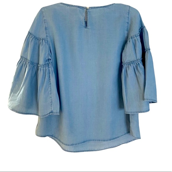 J.Jill Bell Ruffle Sleeve Top Shirt Blouse Chambray Denim Blue Small Petite - Picture 4 of 15